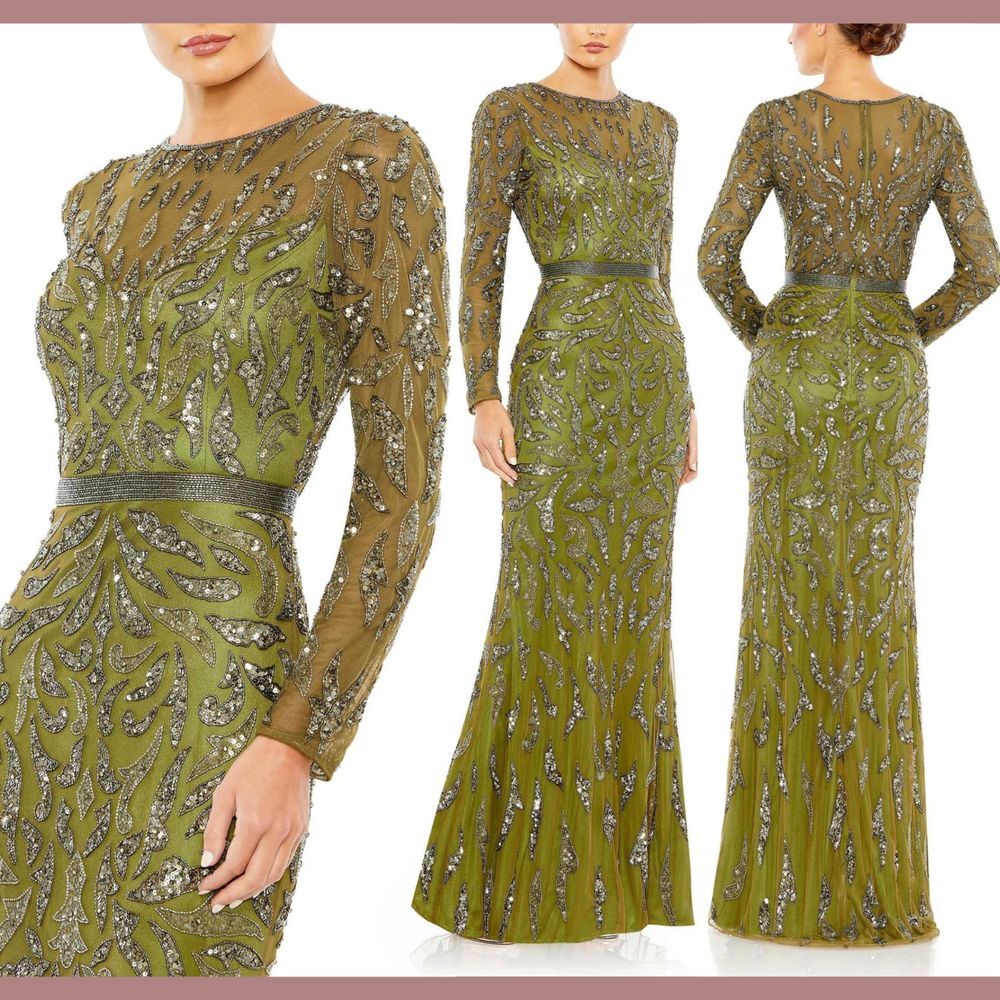 NWT $598 Mac Duggal [ 6 ] 5124 Beaded Long Sleeve Evening Gown Olive Green #Q780